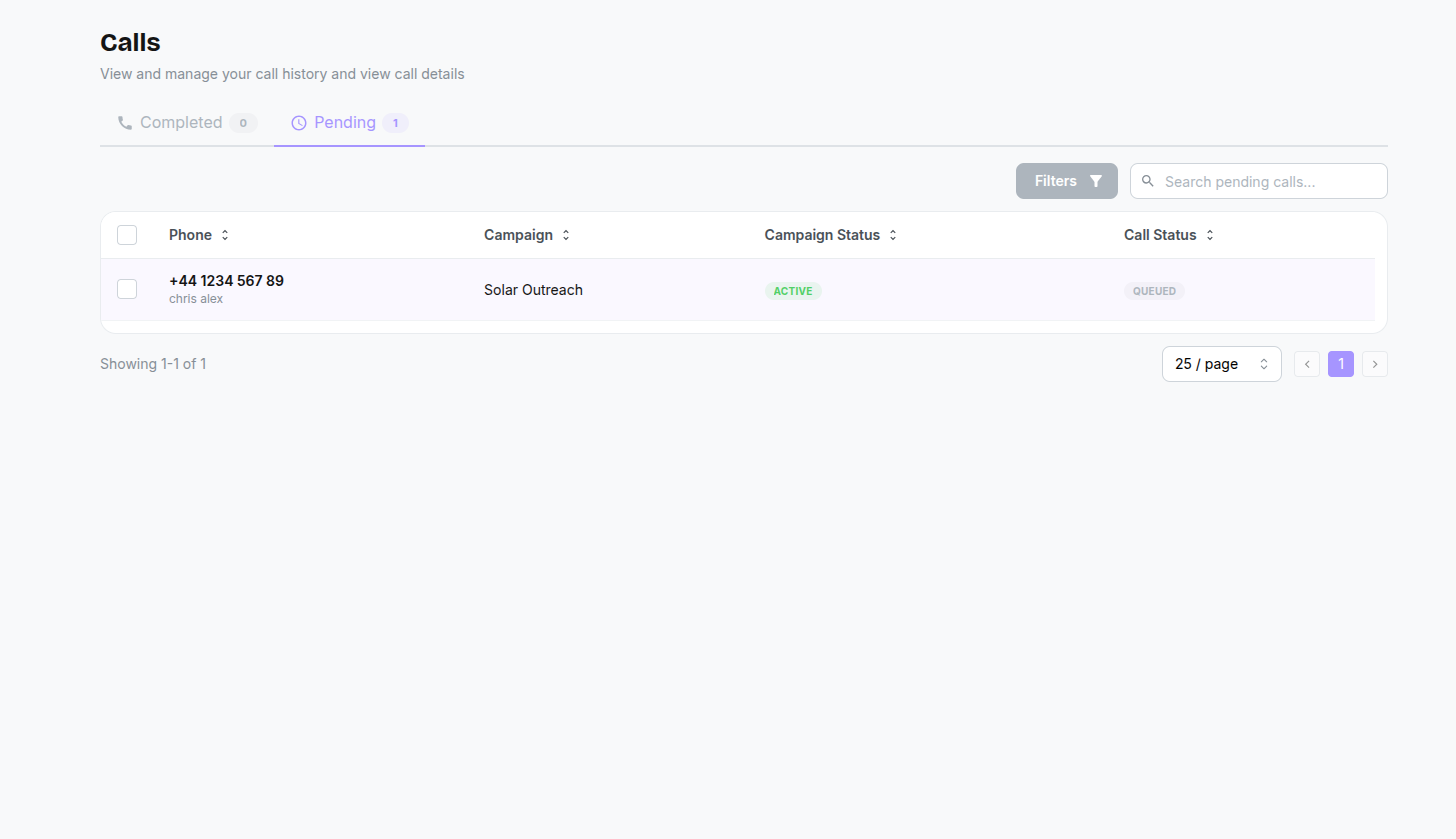 Calls page – Pending tab