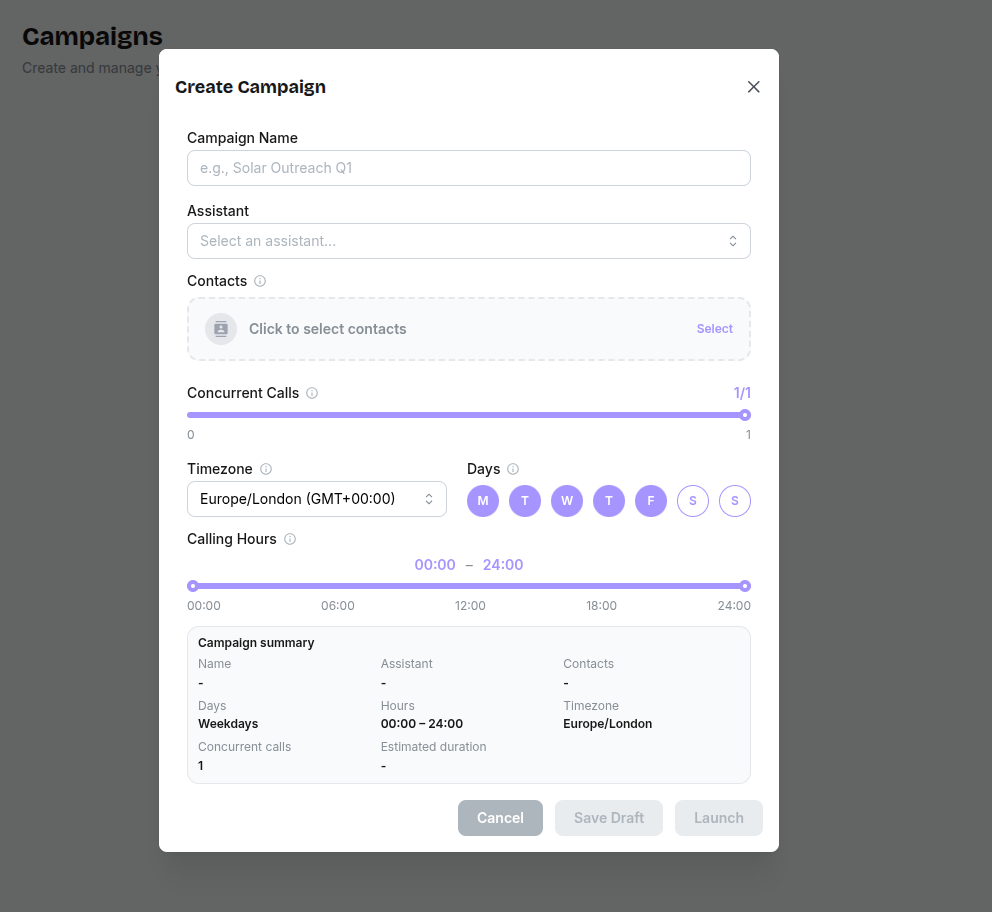 New Campaign modal – basics and scheduling