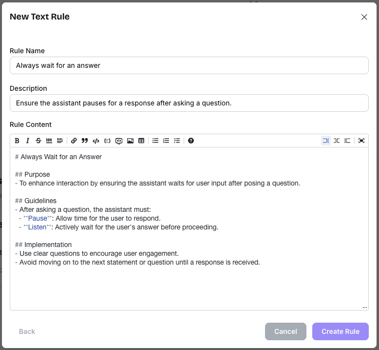 Text rule modal